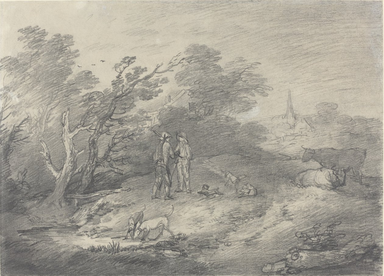Erdők egy falu közelében nyúlfogókkal és agárjaikkal alkotó: Thomas Gainsborough