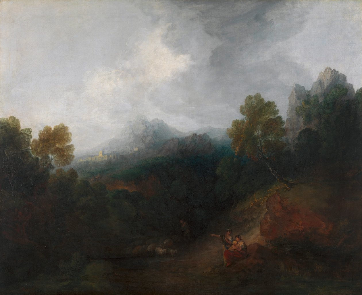 Hegyi völgy alakokkal és távoli faluval alkotó: Thomas Gainsborough RA