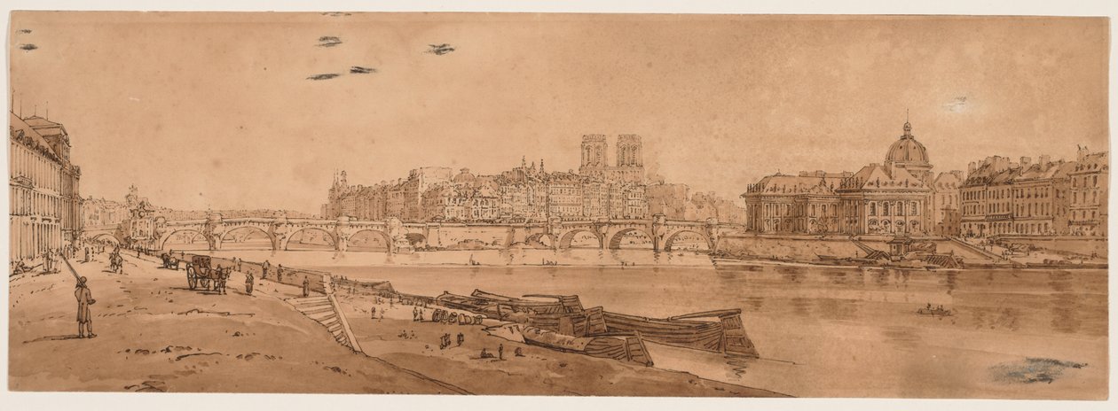Válogatás a húsz legfestőibb párizsi kilátásból: kilátás a Pont Neuf-ra, a Louvre része, a Notre Dame és a Négy Nemzet Kollégiuma alkotó: Thomas Girtin