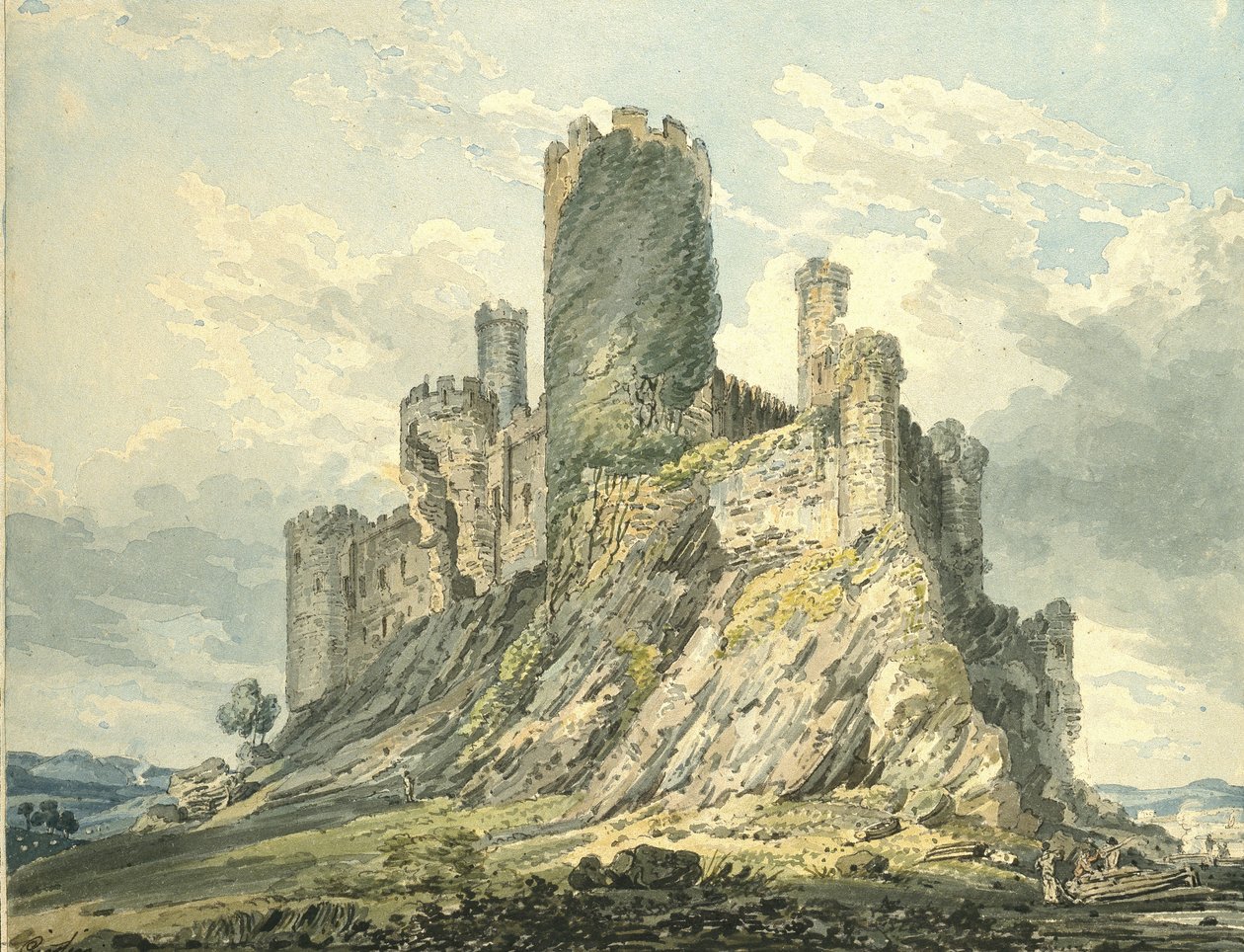 Conway-kastély, 1793 körül (akvarell, nádtollal megérintve, grafit jelzésekkel) alkotó: Thomas Girtin