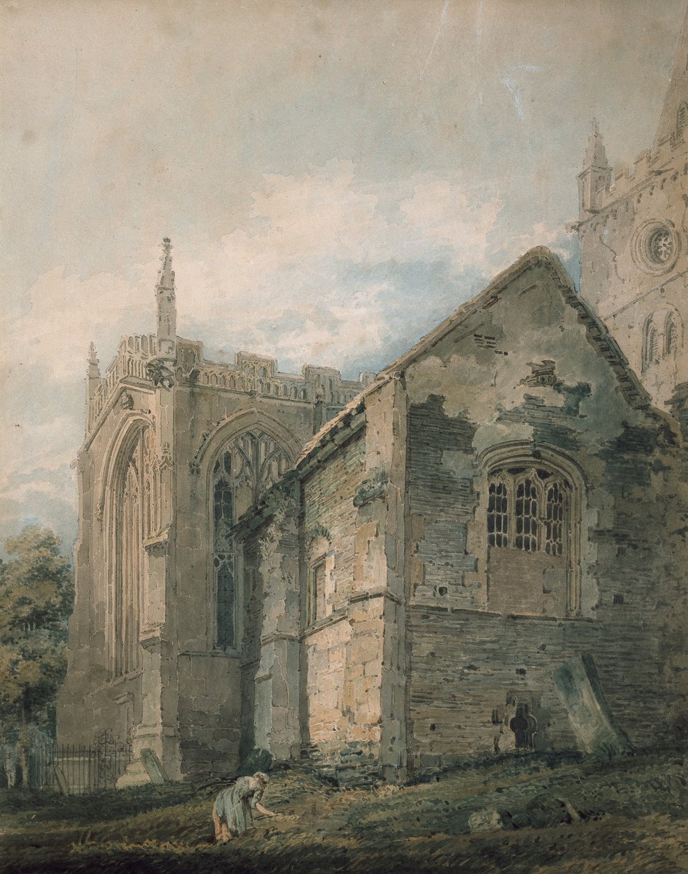The Ancient Charnel House, Holy Trinity Church, Stratford-upon-Avon (akvarell grafittal, nádtollal érintve, jelzések fölött) alkotó: Thomas Girtin