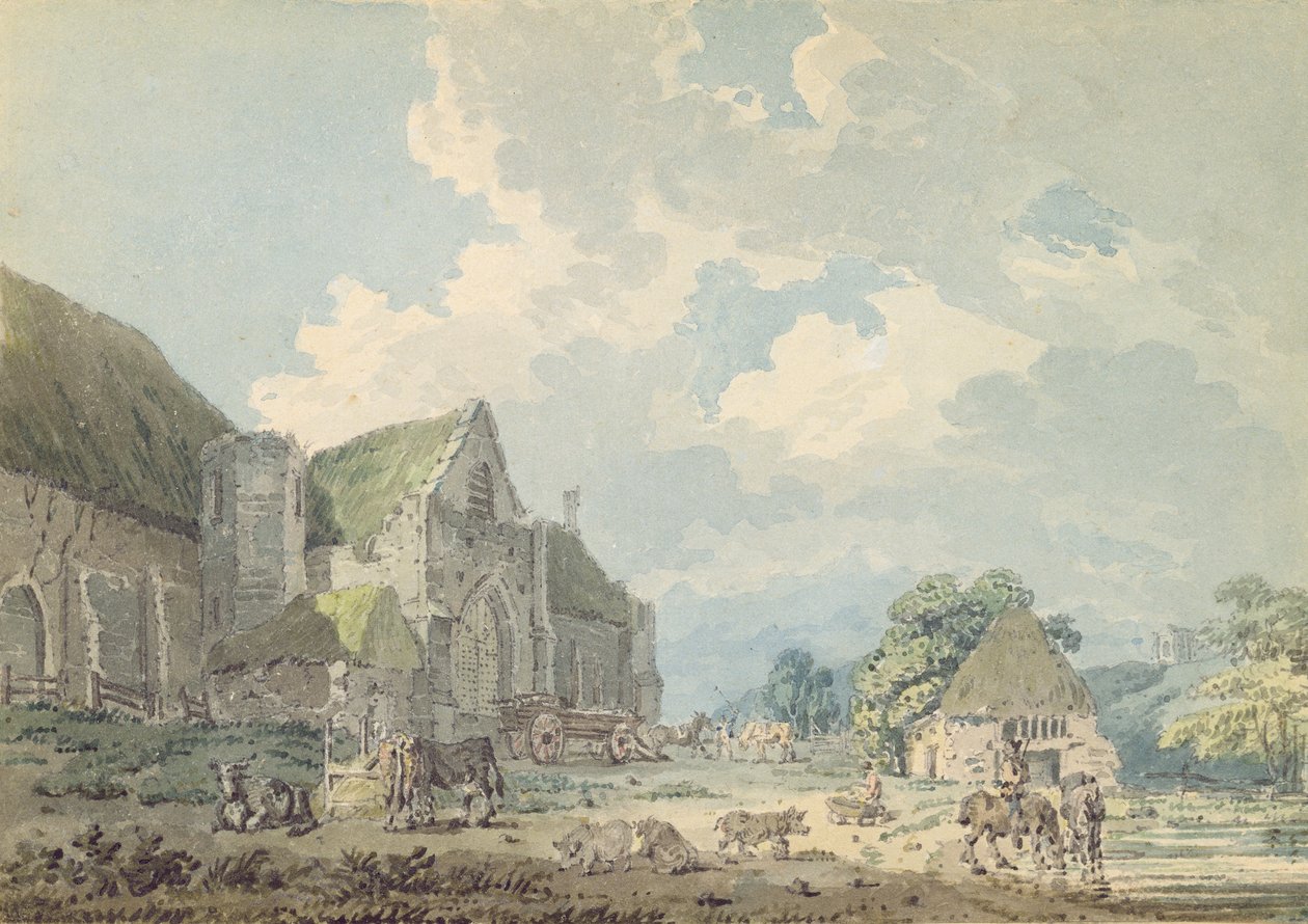Az abbotsburyi tizedespajta és az apátság a dombon..., 1795 körül (grafit, grafit, papír, wc) alkotó: Thomas Girtin