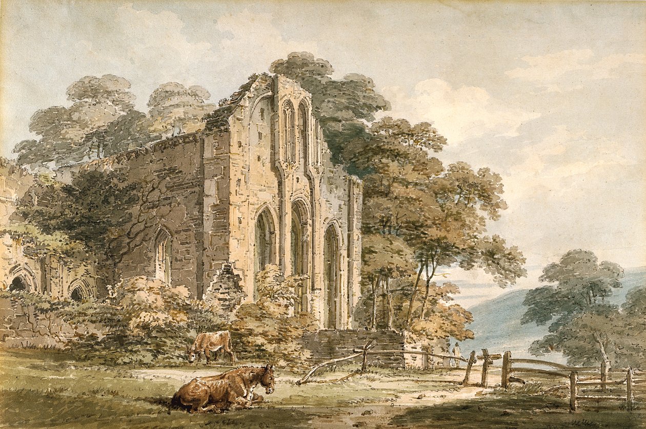 Valle Crucis apátság, Denbighshire, Észak-Wales (akvarell ceruza fölött fehér szőtt papíron) alkotó: Thomas Girtin