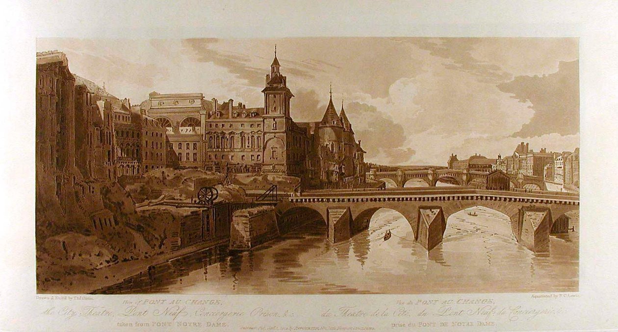 A Pont au Change, a Városi Színház, a Pont Neuf, a Conciergerie börtön és más látnivalók a Pont Notre-Dame felől alkotó: Thomas Girtin