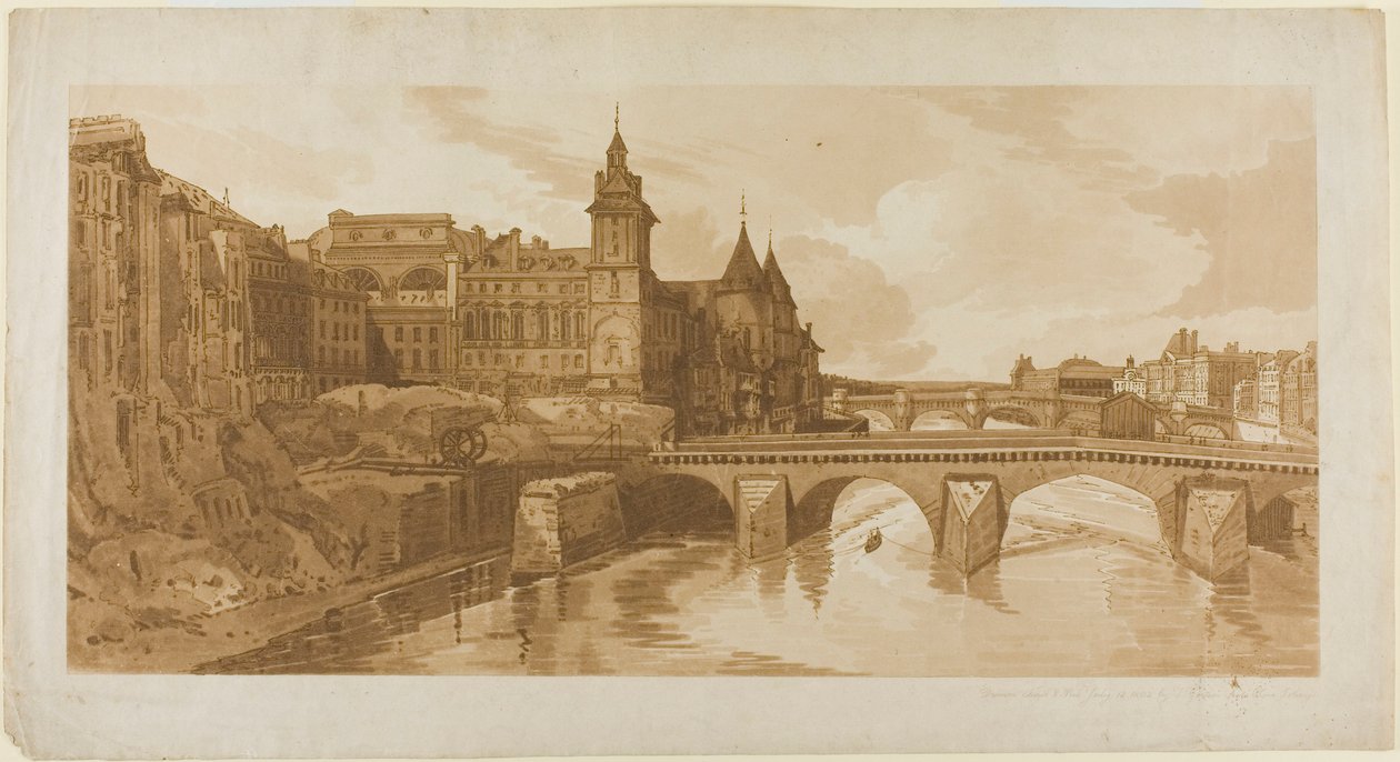 A Pont au Change, a Városi Színház, a Pont Neuf, a Conciergerie börtön stb. képe a Pont Notre Dame-ból, Párizs legfestőibb kilátásainak húsz válogatásából alkotó: Thomas Girtin