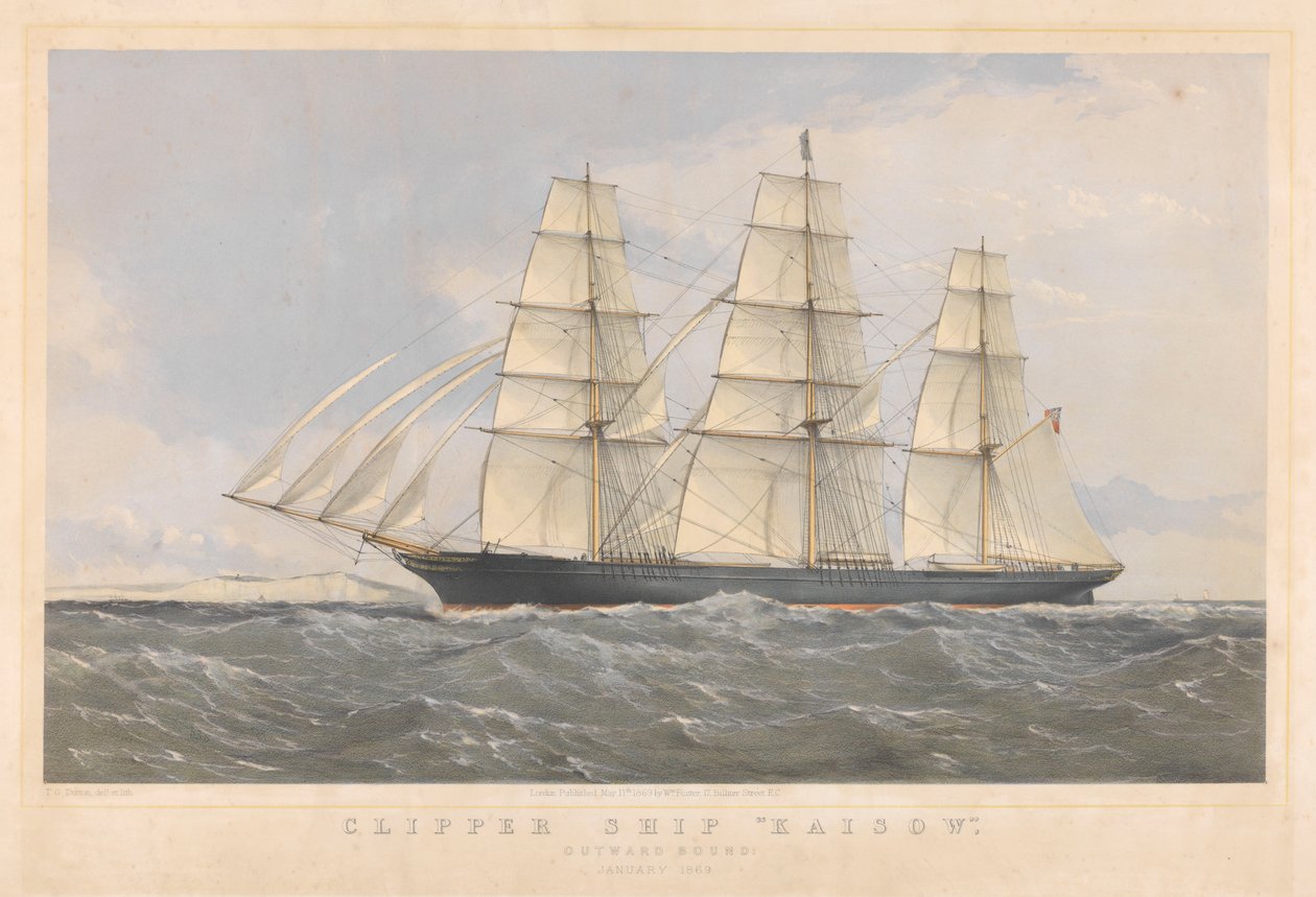Kaisow Clipper hajó kifelé, 1869 január, 1868-74 körül (színes litográfia) alkotó: Thomas Goldsworth Dutton