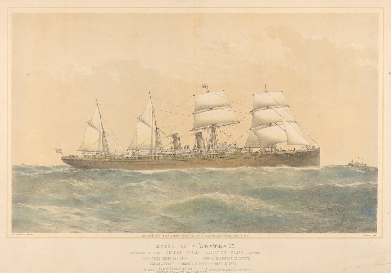 Austral gőzhajó az Orient Steam Navigation Company Limited tulajdonában, 1868-74 körül (színes litográfia) alkotó: Thomas Goldsworth Dutton