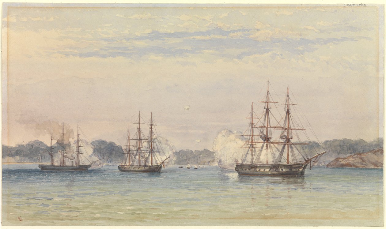 A kínai háború 1857, három HM hajó bombázása és a parton lévő hajócsónakok alkotó: Thomas Goldsworth Dutton