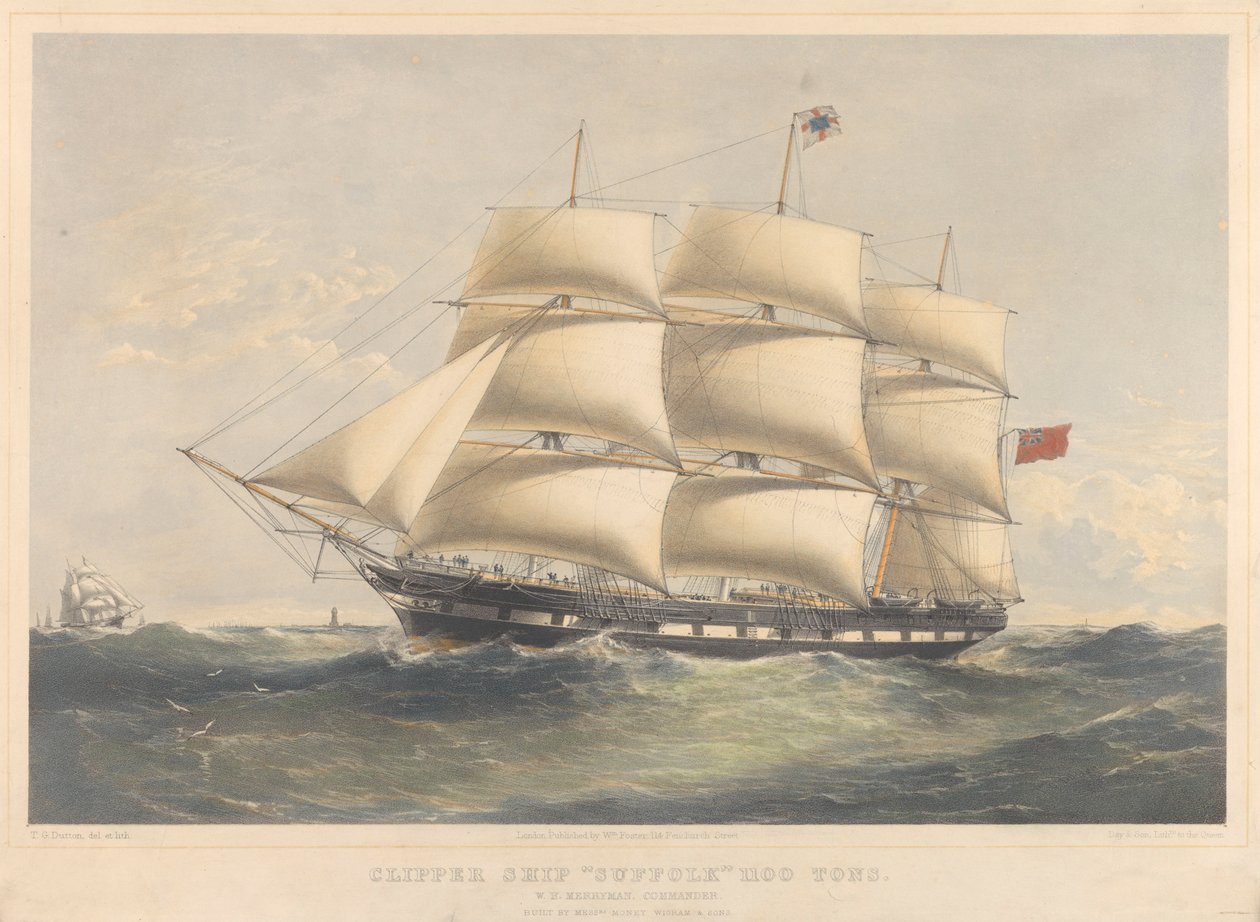 A Suffolk 1100 tonnás Clipper hajó, 1857-60 körül (litográfia, színes) alkotó: Thomas Goldsworth Dutton