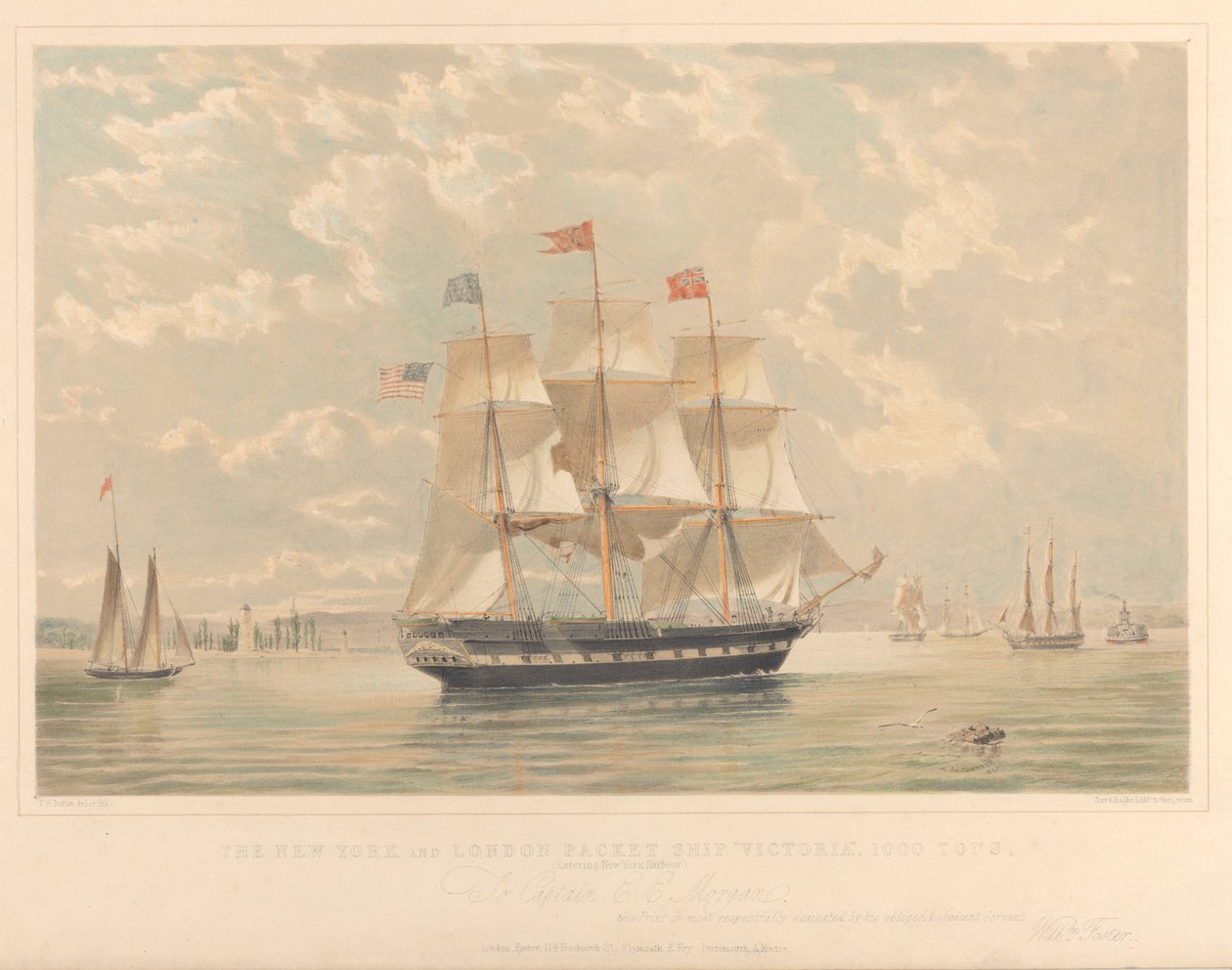 A New York és London Packet hajója, a Victoria (a New York-i kikötőbe befutó), 1839-44 körül (litográfia, színes) alkotó: Thomas Goldsworth Dutton