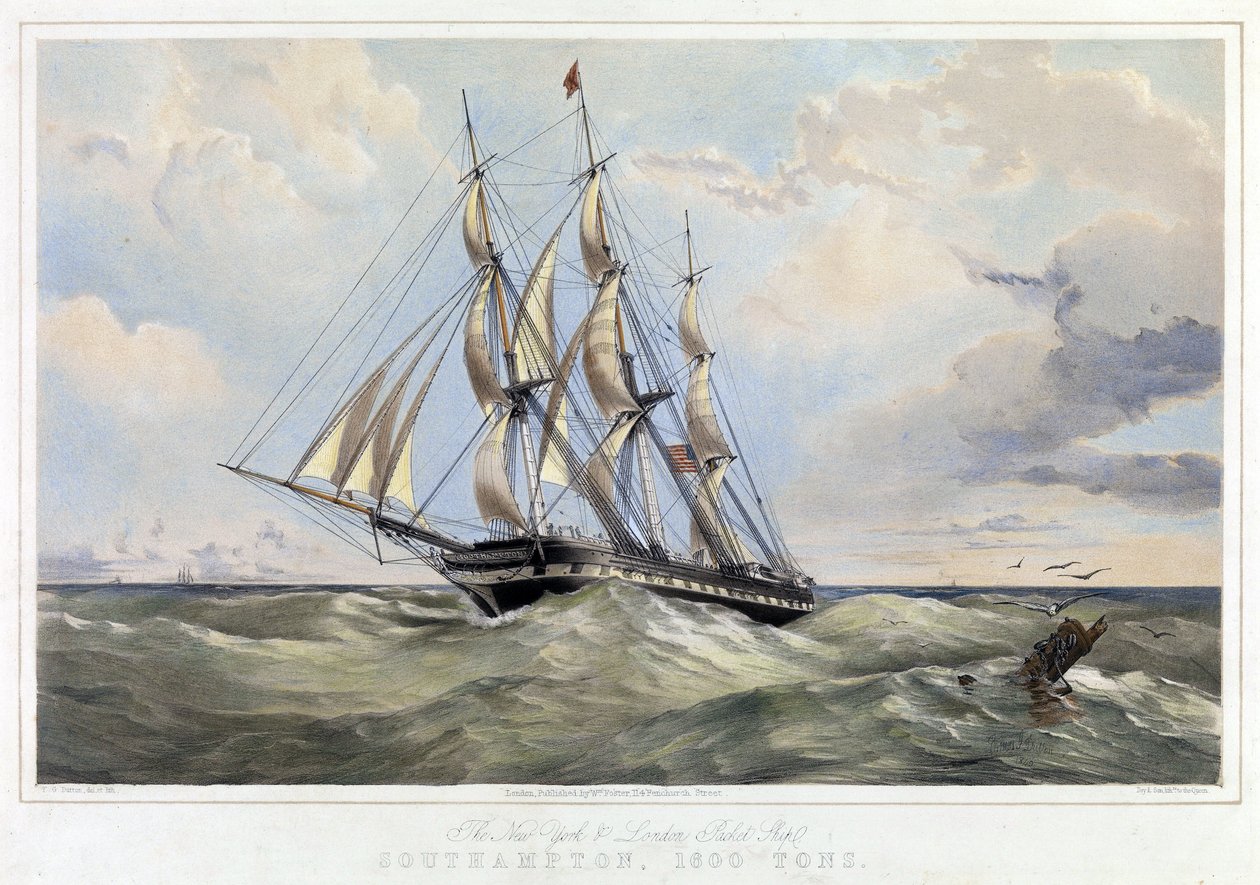 A New York line vitorlás (Egyesült Államok) London (Anglia), Southampton (befogadóképesség 1600 tonna). Thomas Goldsworth Dutton (1819-1891) színes litográfiája. alkotó: Thomas Goldsworth Dutton