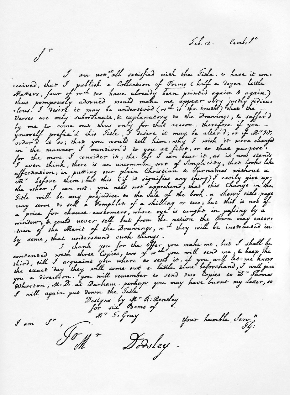 Thomas Gray levele költői darabjainak kiadásáról, c1753, 1840 alkotó: Thomas Gray