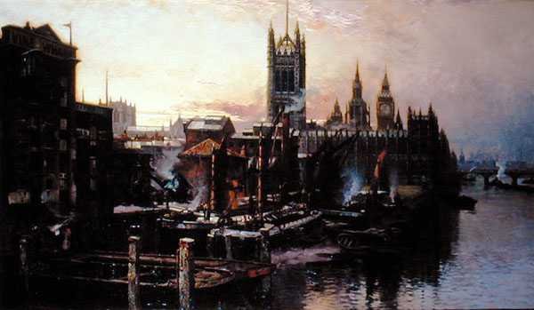 Kilátás a Parlament épületére a Temze folyó felől, London (olaj, vászon) alkotó: Thomas Greenhalgh