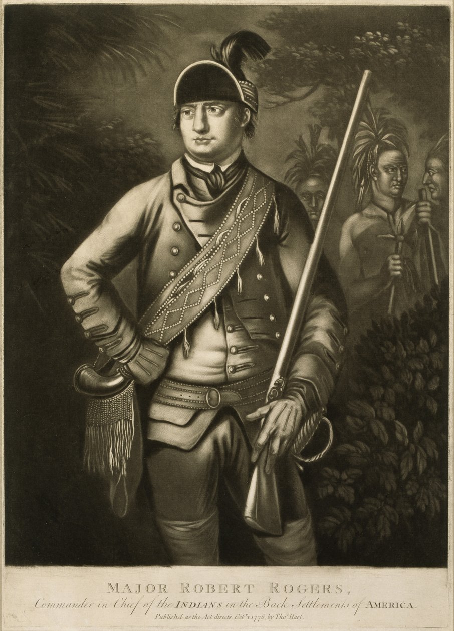 Robert Rogers őrnagy, az indiánok főparancsnoka Amerika hátsó településein, c. 1776 (mezzotinta) alkotó: Thomas Hart