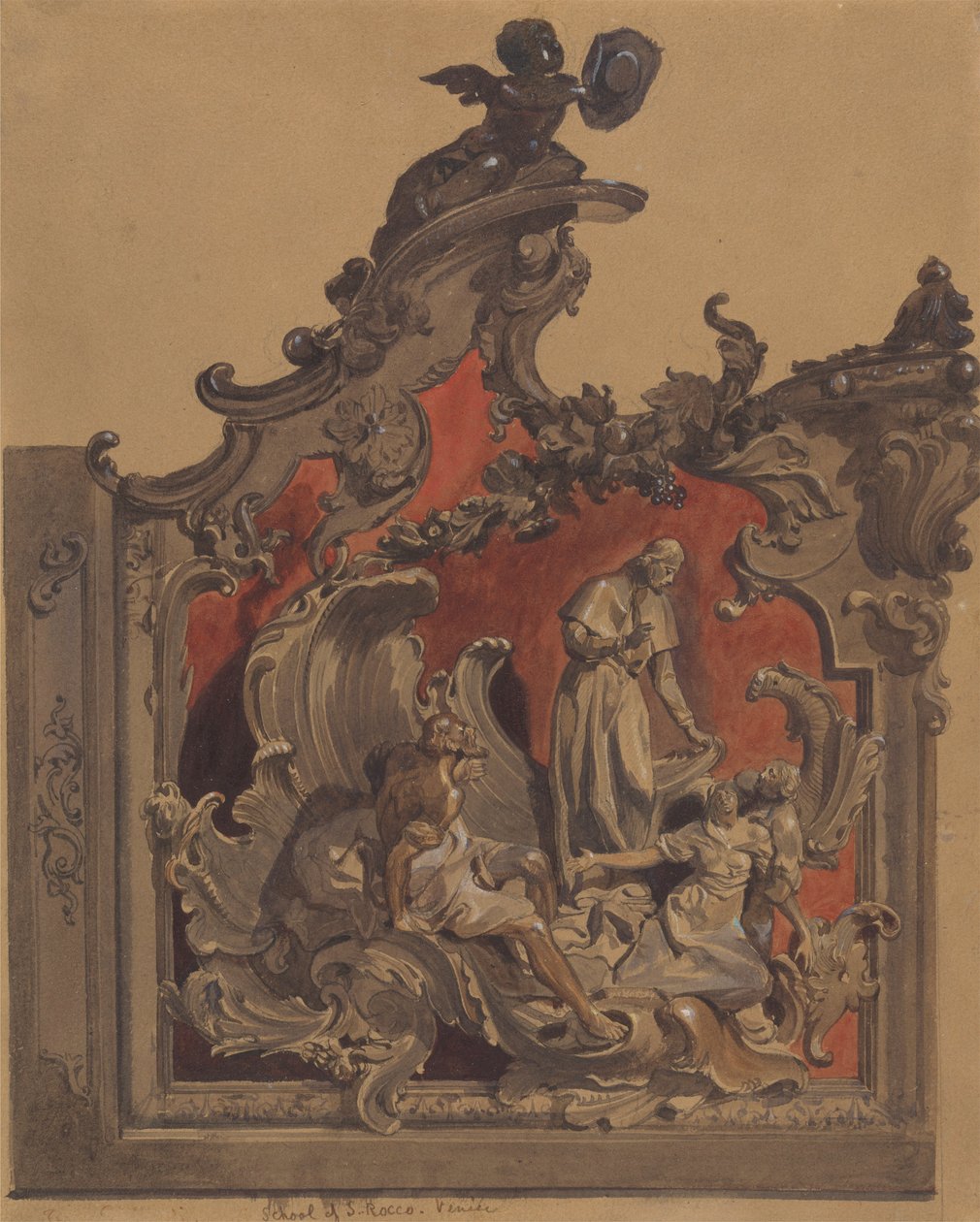 San Rocco Iskola, Velence: Tanulmány az ívelt dekorációról (toll és tinta, wc és testszín ceruza felett papíron) alkotó: Thomas Hartley Cromek