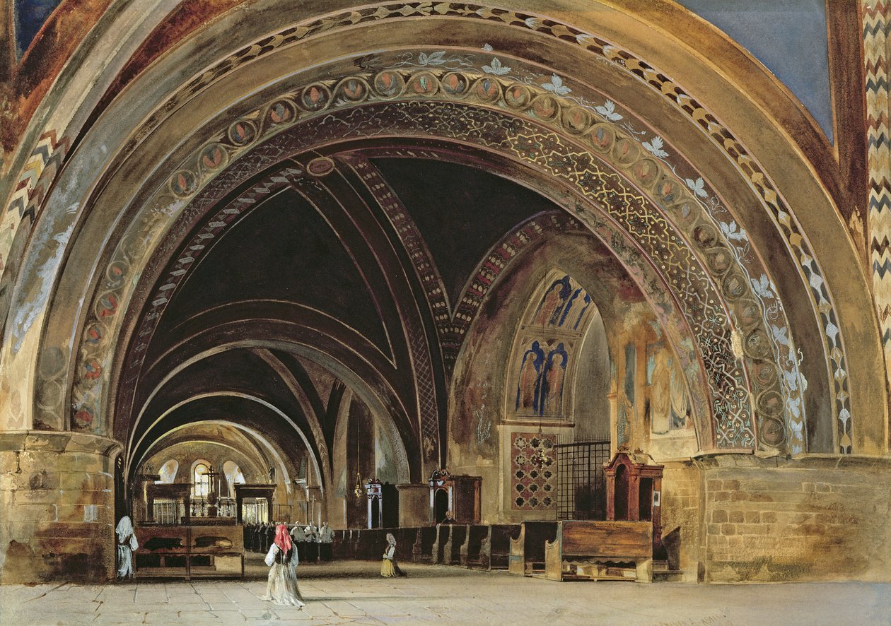 Assisi Szent Ferenc alsó-bazilika belseje, 1839 (wc und gouache gumiarábikummal) alkotó: Thomas Hartley Cromek