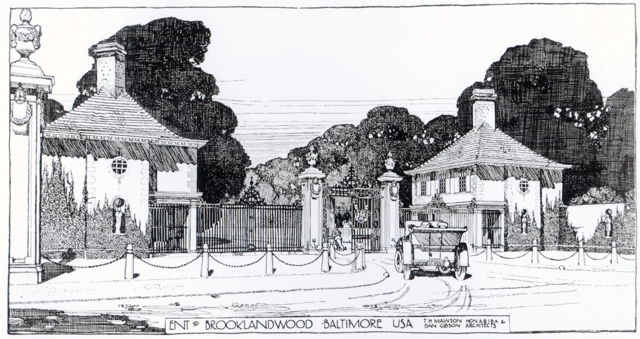 Bejárat a baltimore-i Brooklandwoodba, Thomas Mawson "A kertkészítés művészete és mestersége" című művéből alkotó: Thomas Hayton Mawson