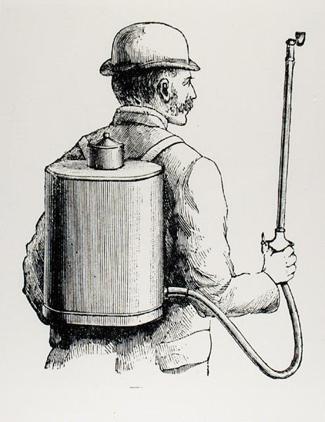 Vermorel úr hátizsákos szivattyúja, „Eclair”, Thomas Mawson „A kertkészítés művészete és mestersége” című művéből, 1900-ban jelent meg (metszet) (f/w fotó) alkotó: Thomas Hayton Mawson