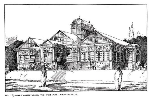 The Conservatory, the West Park, Wolverhampton, a "The Art and Craft of Garden Making" című, 1900-ban kiadott könyvből (litográfia) (fekete-fehér fotó). alkotó: Thomas Hayton Mawson