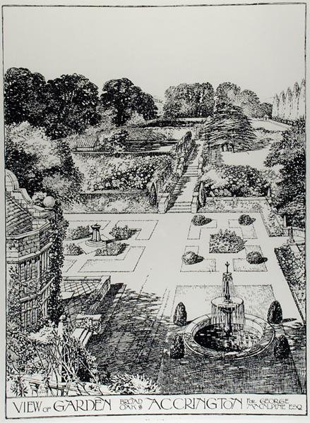 A Broad Oak, Accrington kertjének látképe, Thomas Mawson "The Art and Craft of Garden Making" című művéből, 1900-ban megjelent (metszet) (fekete-fehér fotó). alkotó: Thomas Hayton Mawson