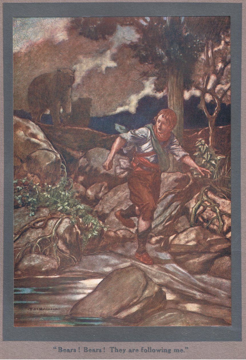 Medvék! Medvék! Követnek engem (színes litográfia) alkotó: Thomas Heath Robinson