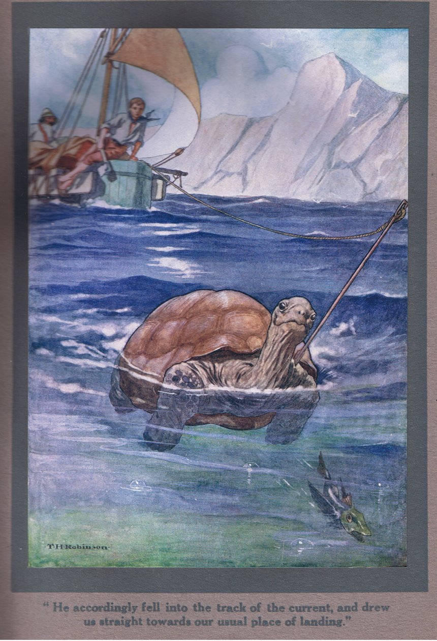 Ennek megfelelően az ív nyomába eredt, és egyenesen a szokásos leszállóhelyünk felé vontatott minket (színes litho). alkotó: Thomas Heath Robinson