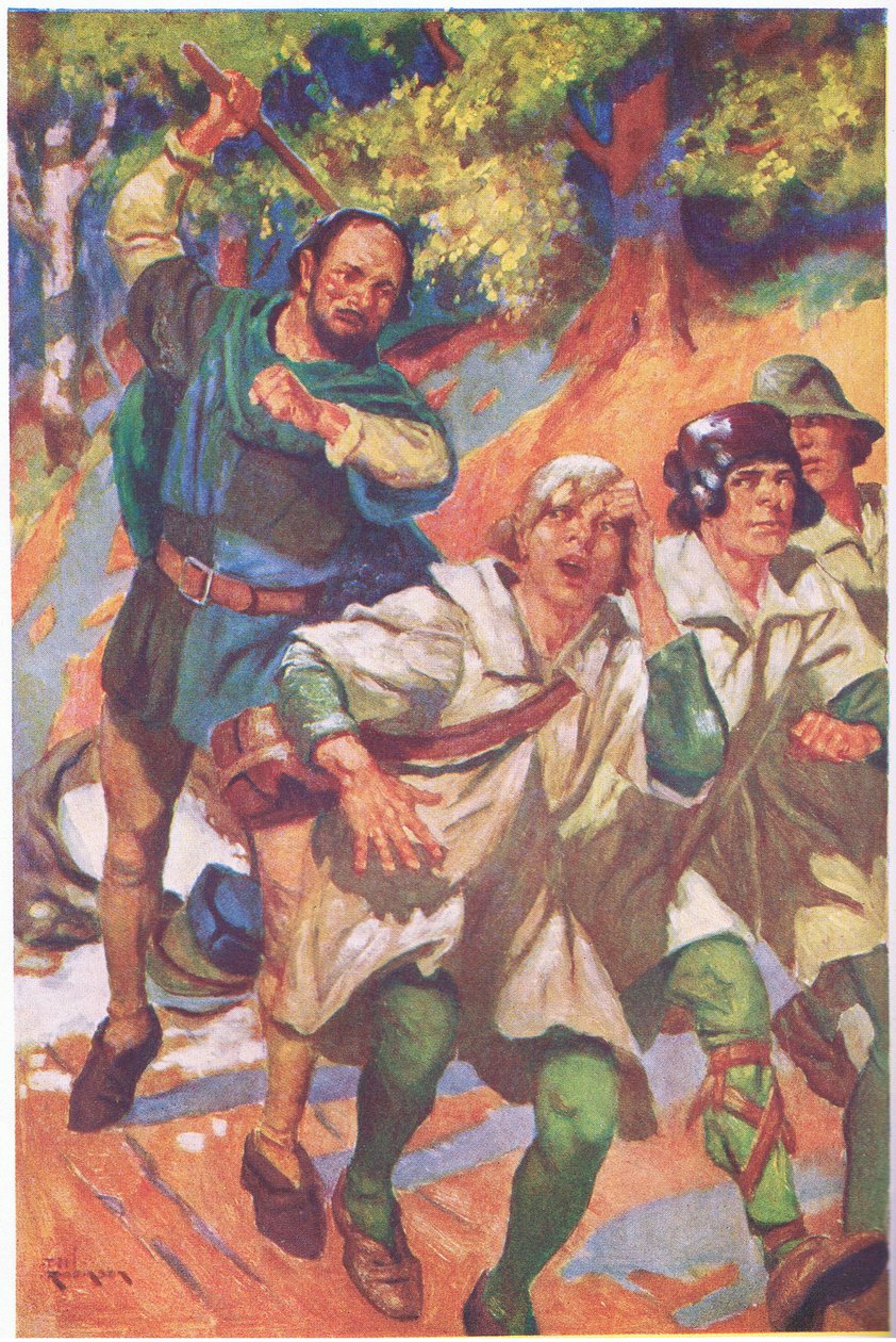 Elhajtotta a hármat maga előtt, dühös és fájdalmas kiáltásaikat elnyomta a nevetés üvöltése (színes litográfia). alkotó: Thomas Heath Robinson