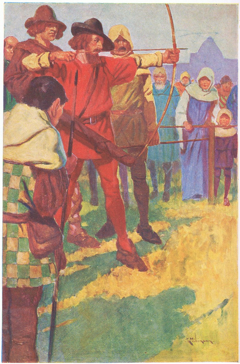 Rövid pillanatra megpendítette íját, majd meglazította a húrját (színes litho). alkotó: Thomas Heath Robinson