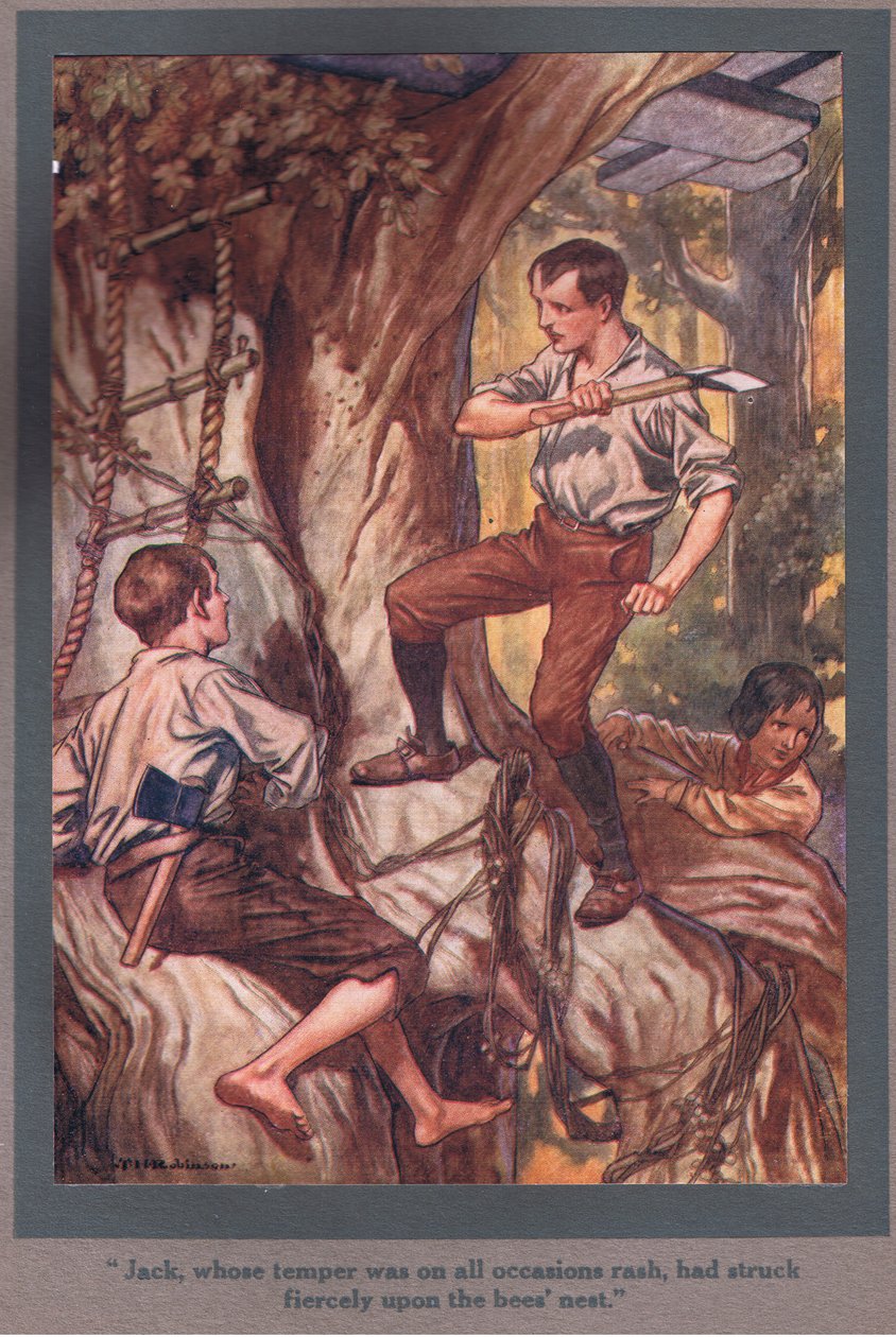 Jack, aki minden alkalommal meggondolatlanul viselkedett, hevesen nekiesett a méhfészeknek (színes litográfia). alkotó: Thomas Heath Robinson