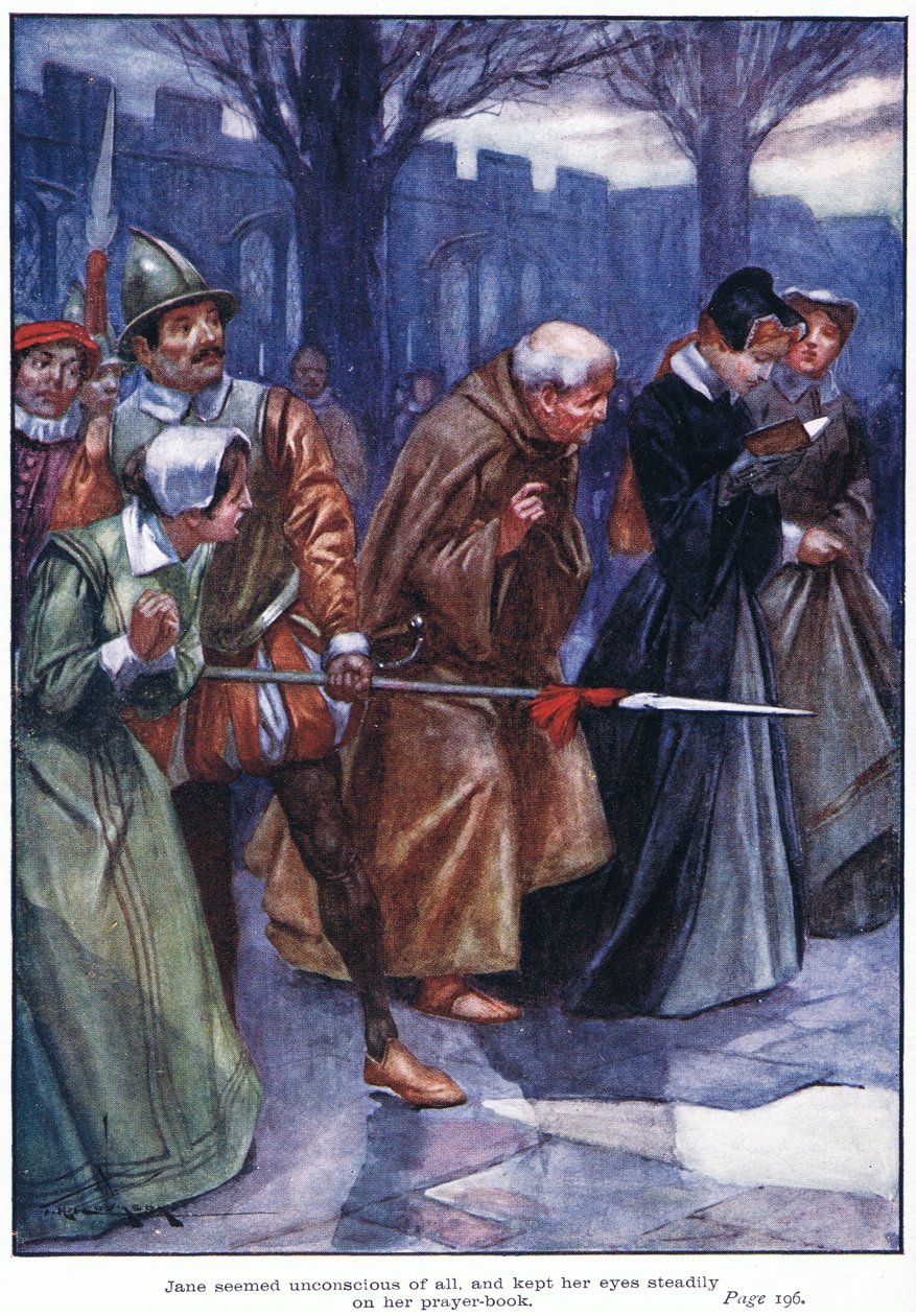 Jane úgy tűnt, hogy nem tudatosult benne semmi, és tekintetét folyamatosan az imakönyvére (színes litográfia) szegezte. alkotó: Thomas Heath Robinson