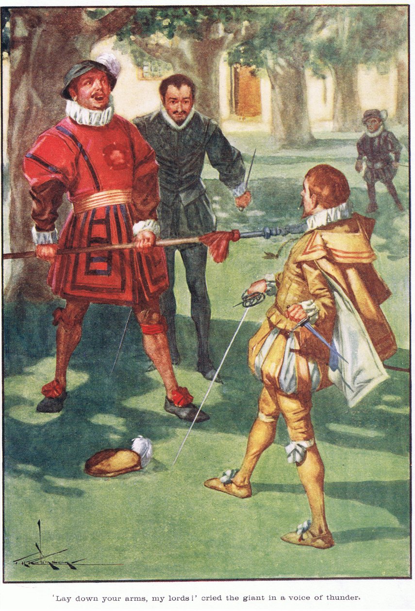 "Tegyétek le a fegyvert, uraim!" - kiáltotta az óriás mennydörgő hangon (színes litográfia). alkotó: Thomas Heath Robinson