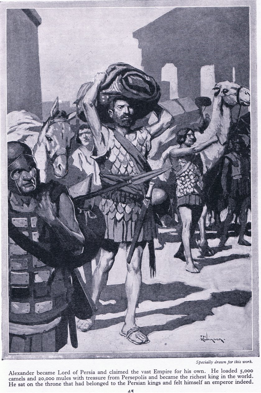 Egy kincses város kifosztása: Sándor Perzsia ura lett. Perszepolisz összes kincsét megrakodta, hogy nagyon gazdag legyen, 1950 körül (litográfia). alkotó: Thomas Heath Robinson