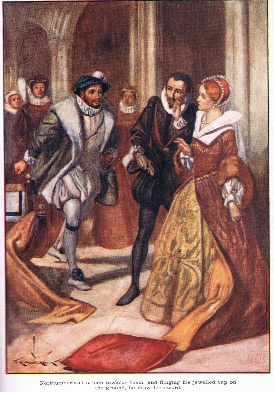 Northumberland feléjük lépett, és ékkövekkel díszített sapkáját a földre dobva kardot rántott (színes litográfia). alkotó: Thomas Heath Robinson