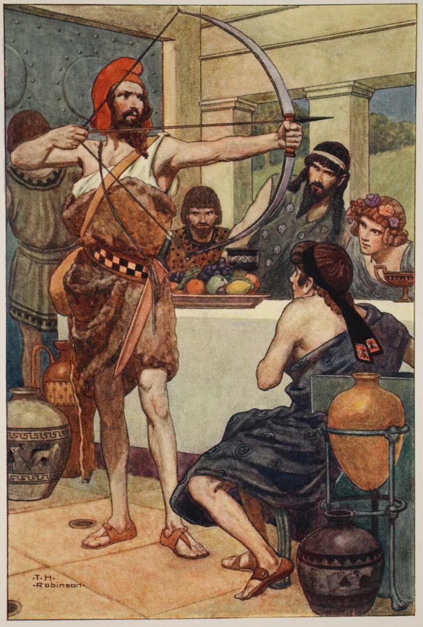 Odüsszeusz megbünteti a kérőket (színes litográfia) alkotó: Thomas Heath Robinson