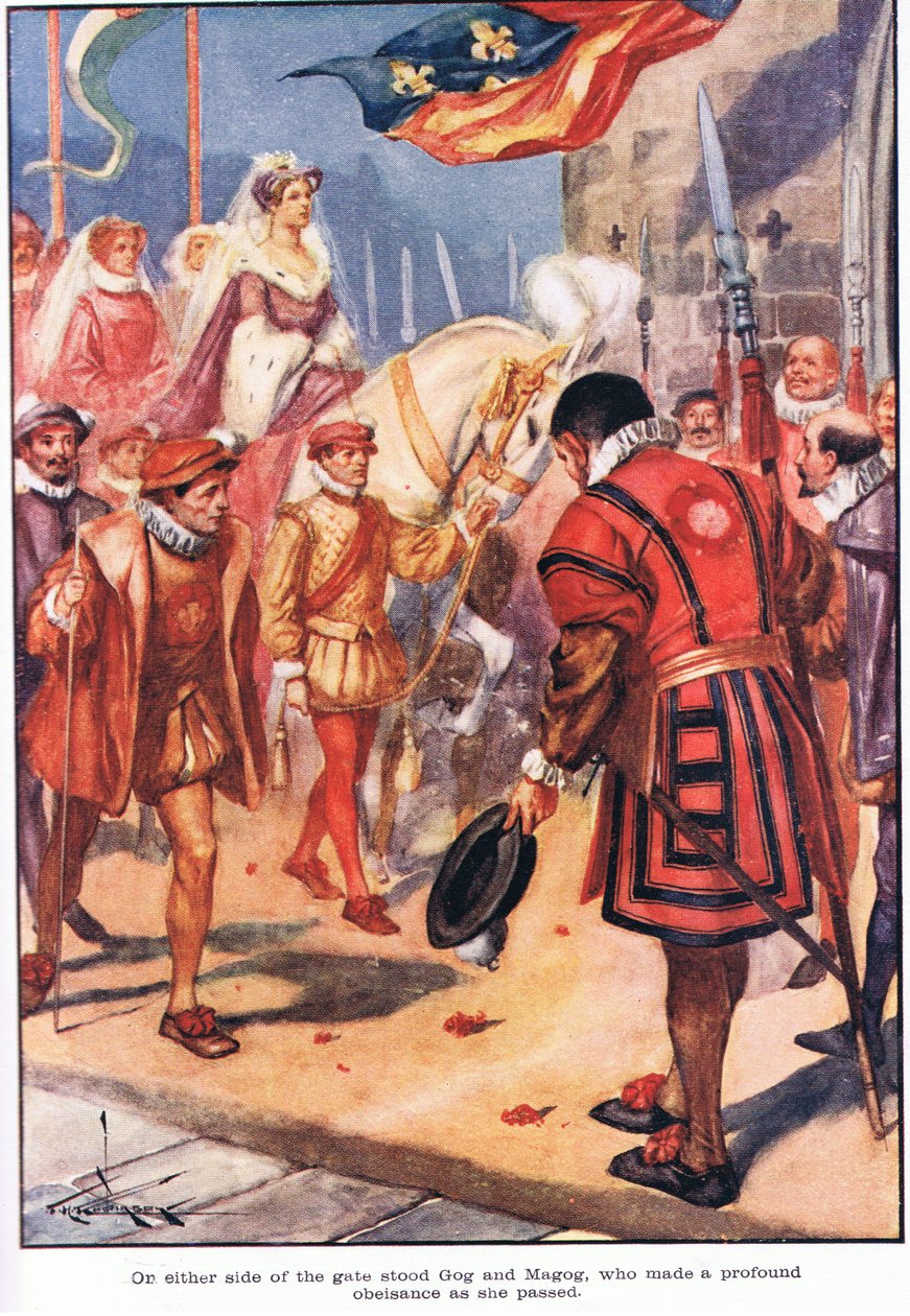 A kapu két oldalán Góg és Magóg, akik mélységes hódolatot mutattak, amikor elhaladt (színes litográfia). alkotó: Thomas Heath Robinson