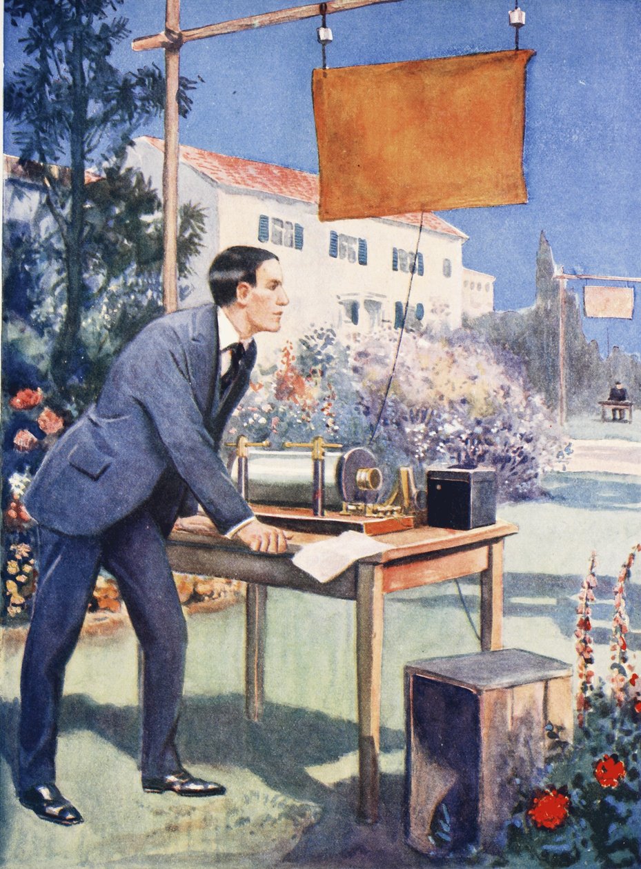 Marconi egyik legkorábbi kísérlete (színes litográfia) alkotó: Thomas Heath Robinson