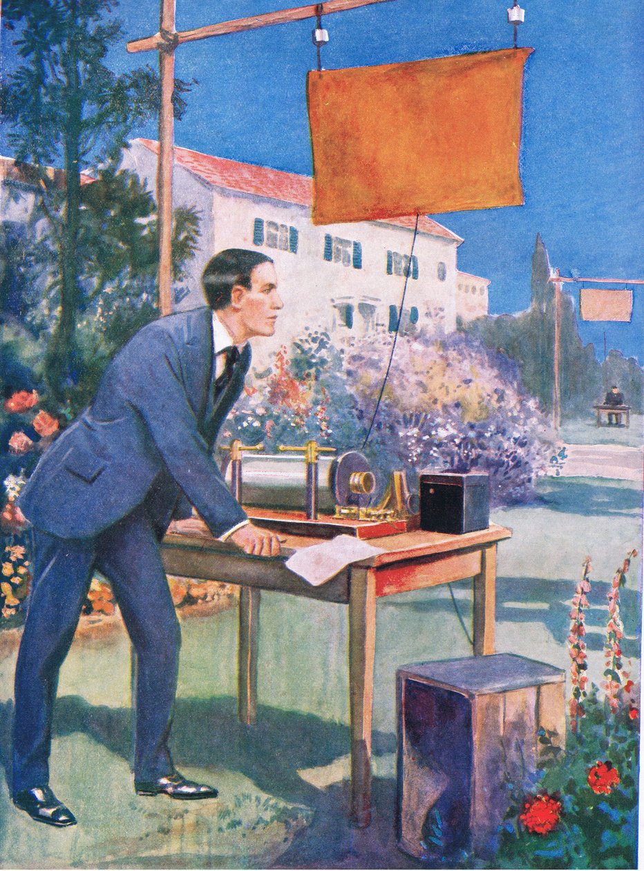 Marconi egyik legkorábbi kísérlete, illusztráció a "Cassell