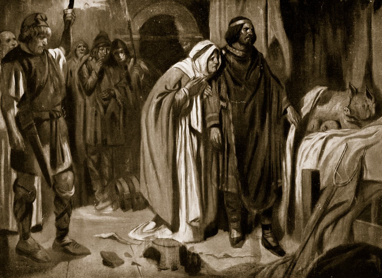 Ethelburga királynő meggyőzi Ine of Wessexet, hogy mondjon le a koronáról, 728, illusztráció a "Hutchinson