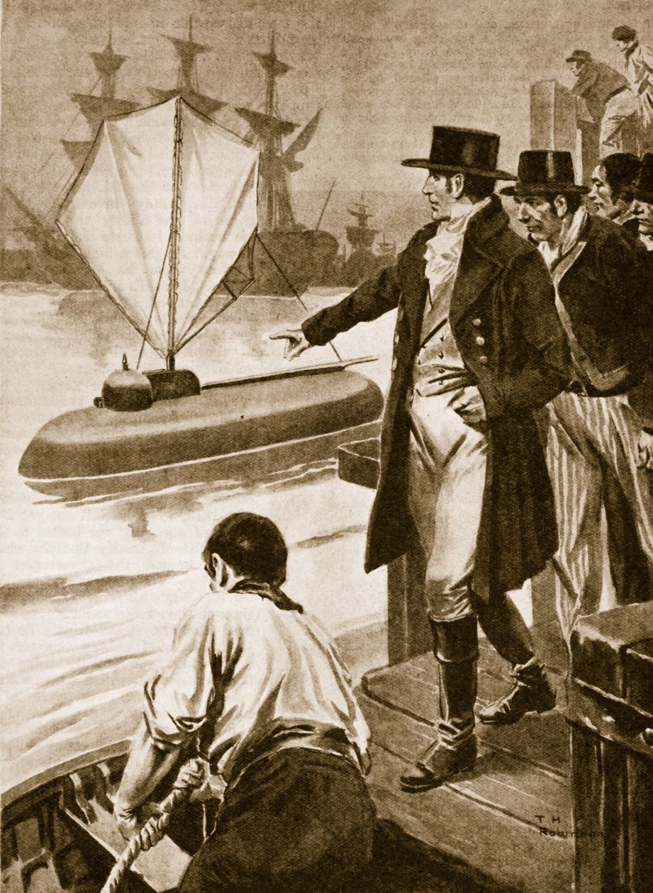 Robert Fulton Franciaországban a Nautilus nevű tengeralattjáróját mutatja be működés közben (litográfia) alkotó: Thomas Heath Robinson