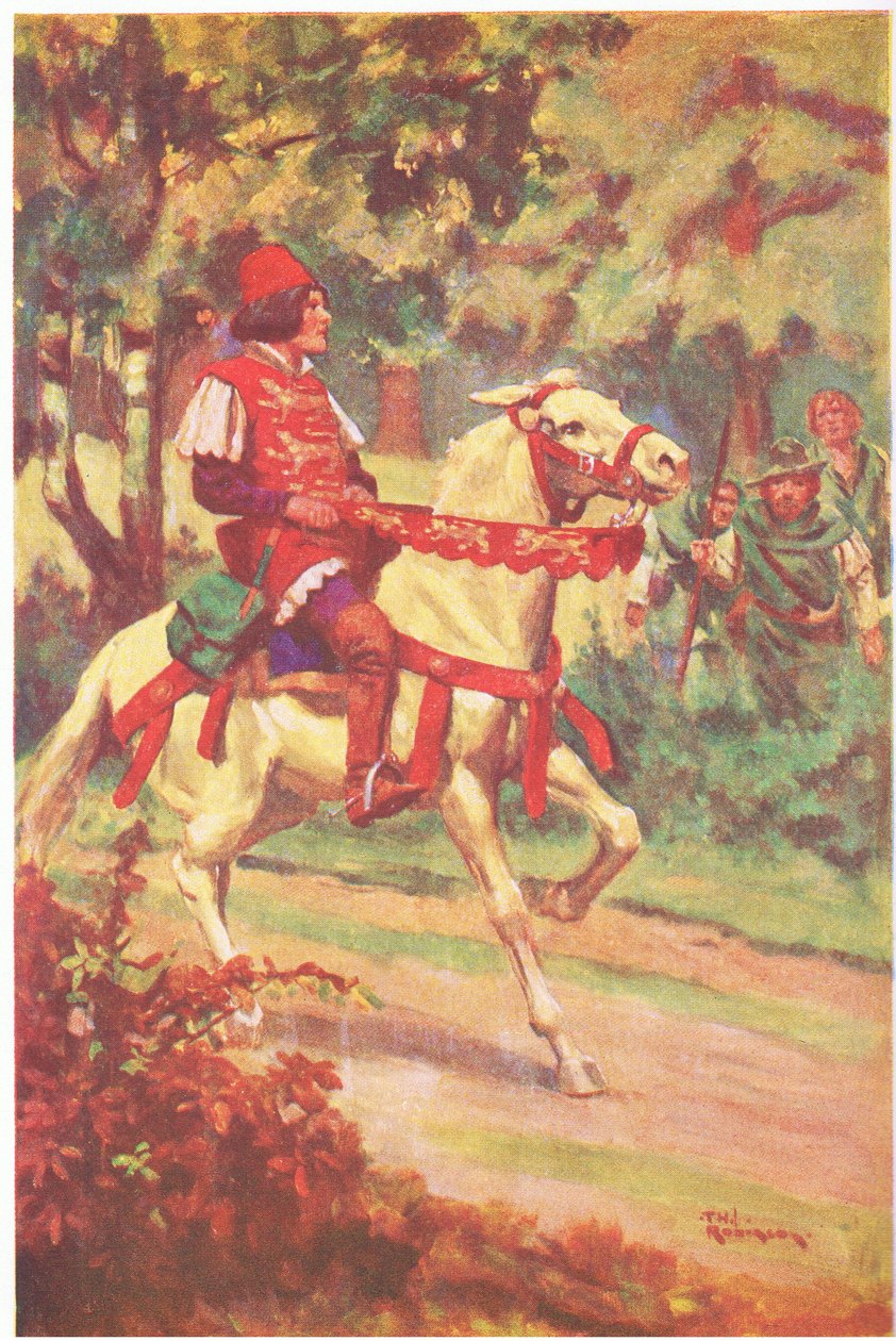 Robin és társa látta, hogy Patrington mester feléjük lovagol (színes litográfia). alkotó: Thomas Heath Robinson