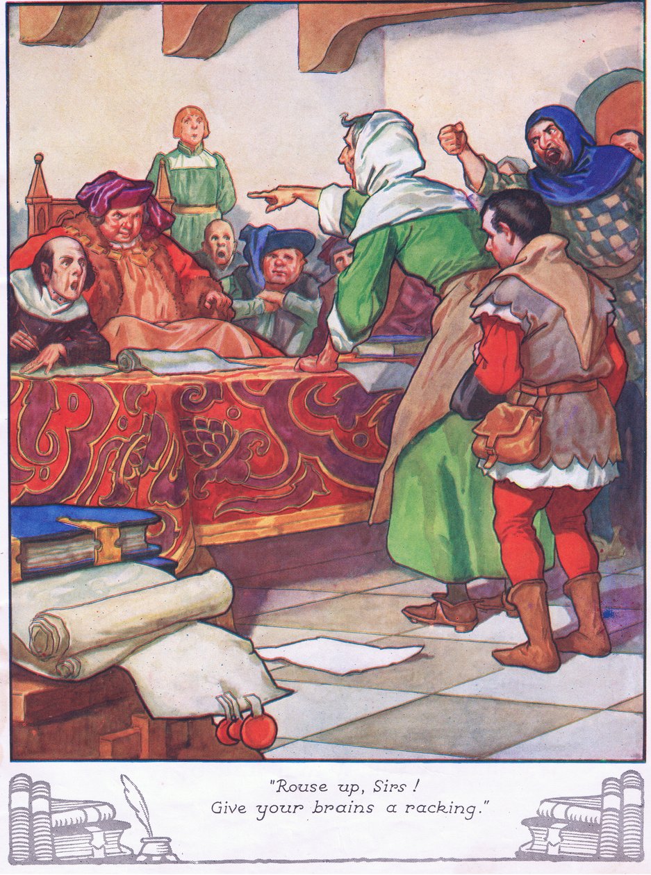 "Ébresztő uraim! Adjatok az agyatoknak egy kis rázkódást". (színes litográfia) alkotó: Thomas Heath Robinson