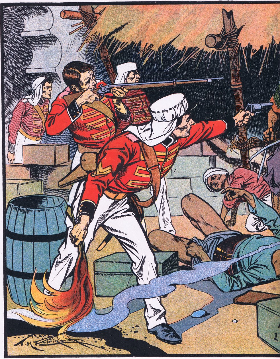 A magazin megsemmisítése Delhiben (színes lithó) alkotó: Thomas Heath Robinson