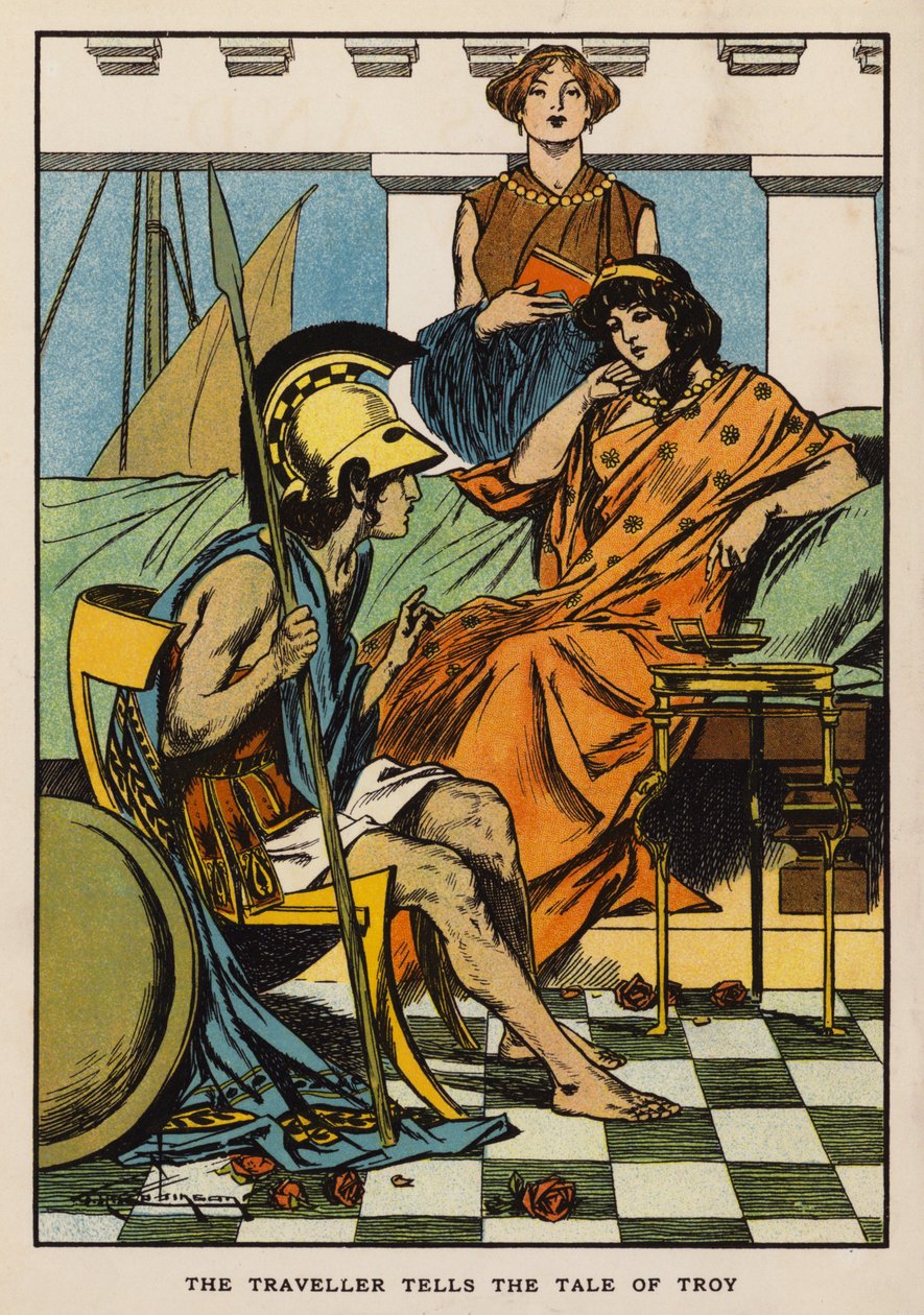 Az utazó elmeséli Trója történetét (színes litográfia) alkotó: Thomas Heath Robinson