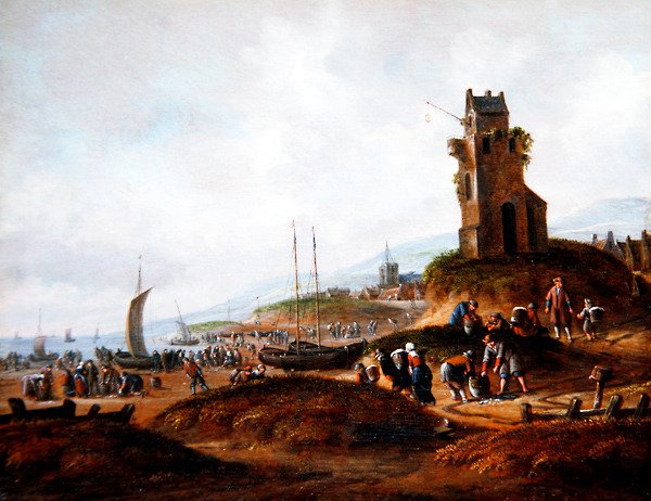 Kilátás Scheveningenre, a halászok árulják fogásukat alkotó: Thomas Heeremans