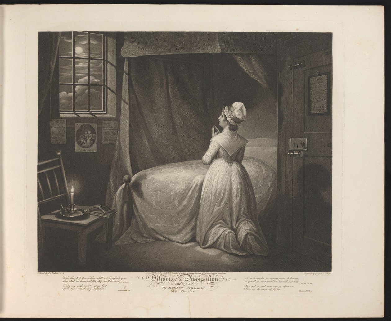 Bescheiden dienstmeid biddend in haar slaapkamer Plate 4. The Modest Girl in the Bed Chamber (title on object) Deugdzaamheid en losbandigheid (series title) Diligence & Dissipation (series title on object)   1340797   hu       hungarian Successfully Transl alkotó: Thomas Hellyer