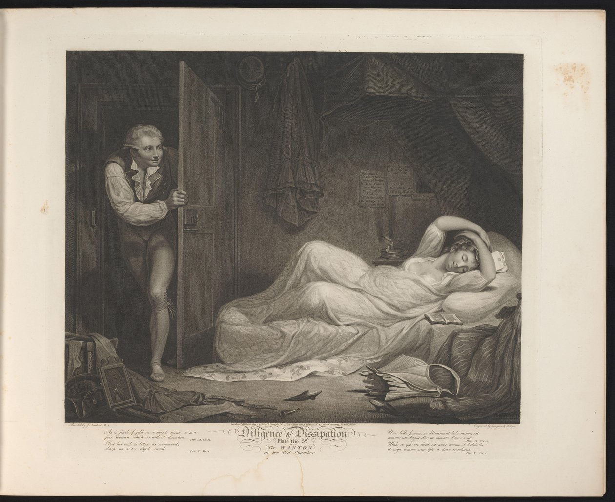 Kicsapongó szobalány alszik, miközben egy férfi besurran 3. tábla: The Wanton in the Bed Chamber (cím a tárgyon) Erény és kicsapongás (sorozat címe) Diligence & Dissipation (sorozat címe a tárgyon) alkotó: Thomas Hellyer