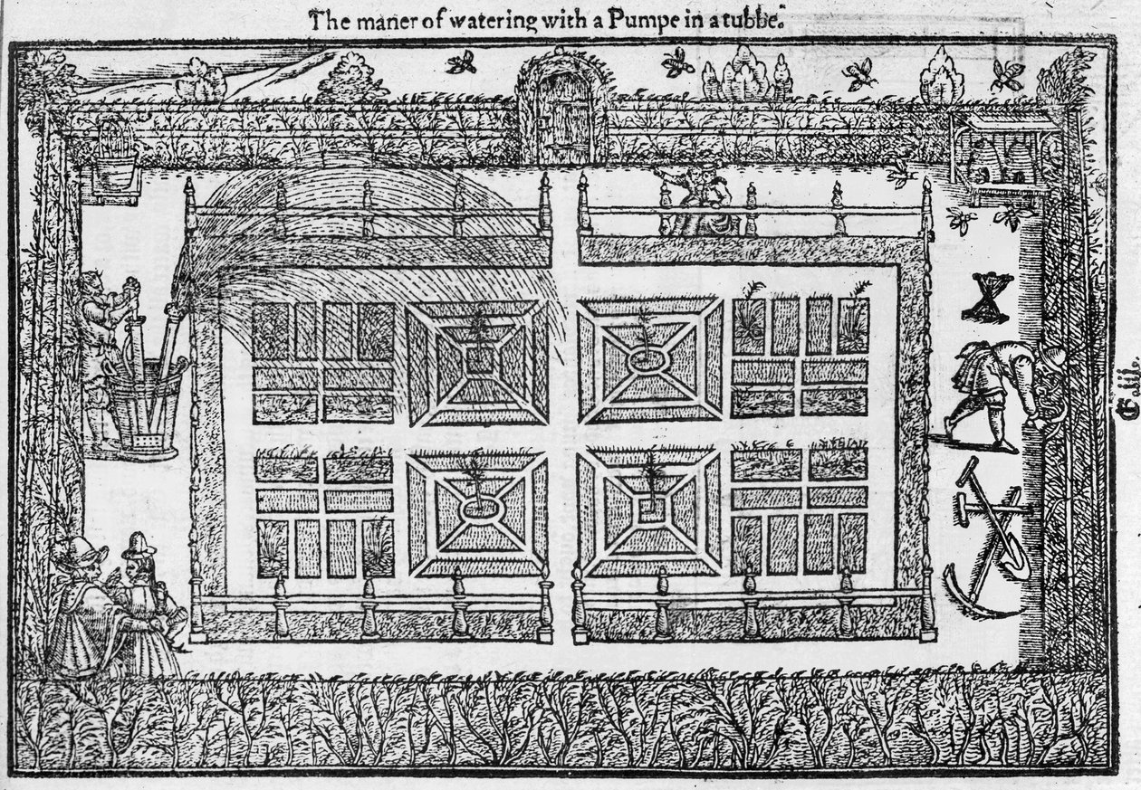Az öntözés módja szivattyúval a csőben, a Kertész labirintusából, 1577 alkotó: Thomas Hill