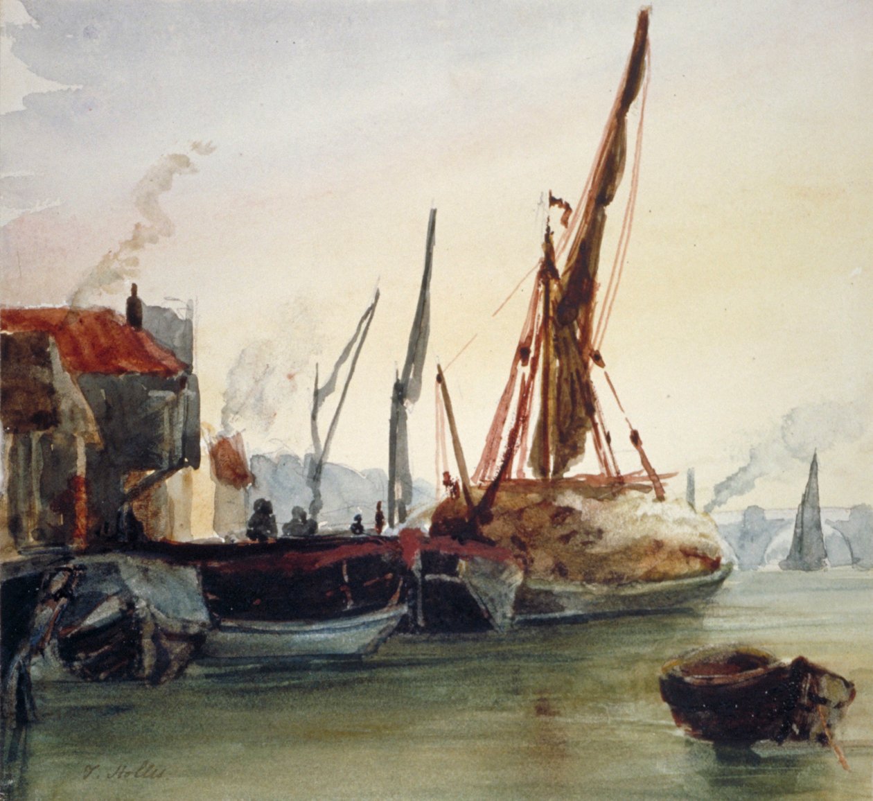 Kilátás a Temze folyón kikötött csónakokra Bankside-ban, Southwark, London, 1830. év. alkotó: Thomas Hollis