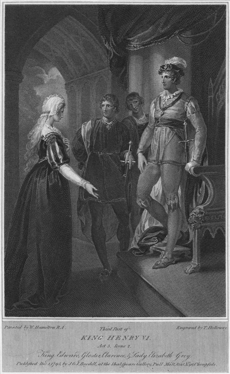 Henrik király harmadik része VI. 3. felvonás 2. jelenet: Edward király, Gloucester, Clarence és Lady Elizabeth Gre alkotó: Thomas Holloway