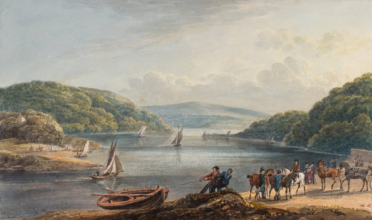Briton Ferry, folyó és templom (akvarell és ceruza, papír) alkotó: Thomas Hornor